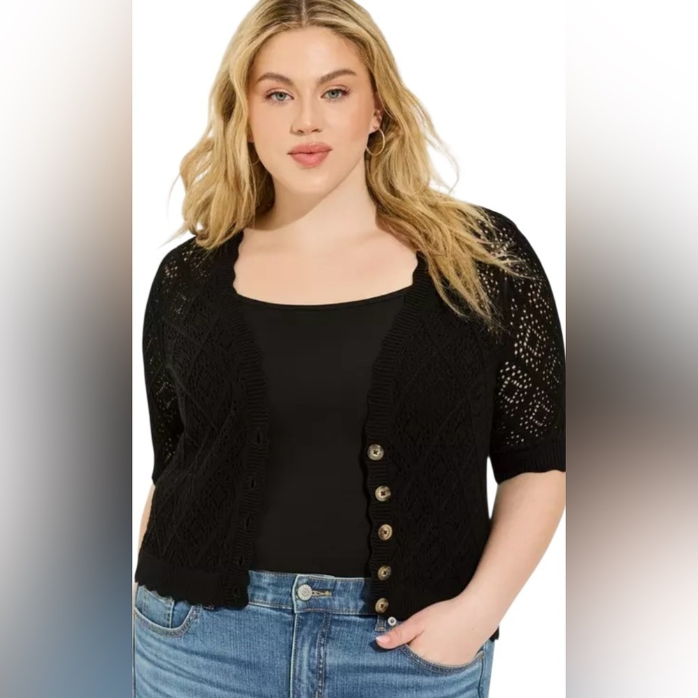 Pointelle Cardigan Button Front Cropped Sweater Size 2